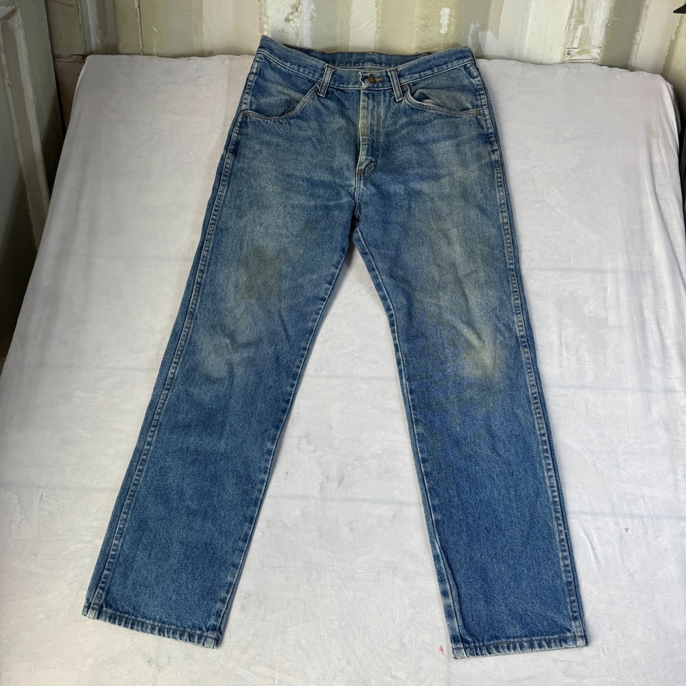 Rustler Mens Straight Leg Jeans Blue Denim Whisker Everyday Comfort Pocket 33x30